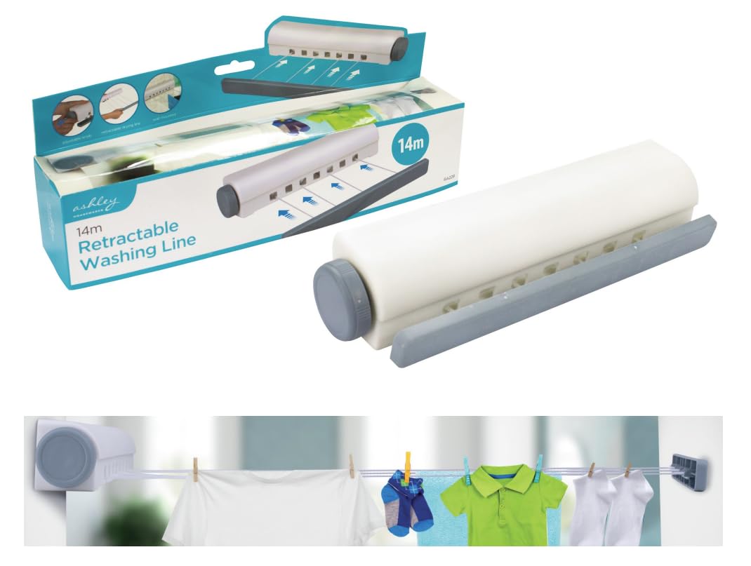 Ashley Housewares BB-RA228 14m Retractable Washing Line Wall Mounted for Indoor and Outdoor Compact 4 Lines - White