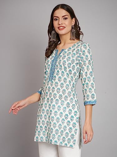 Image of Rapsodia Women Cotton White Ethnic Buti Printed Short Kurti, White Blue Kurti for Women, Short Kurta for Women, Tunic Kurti for Women Stylish, Tunic Kurti Tops for Women Stylish