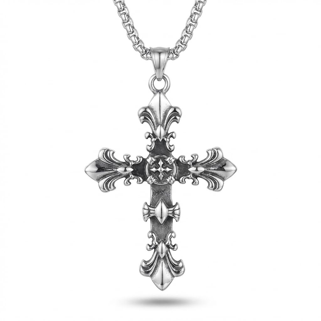 adornity Silver Cross Pendant Necklace for Men & Women | Gothic Cross Chain Pendant | Stylish Unisex Western Jewellery-picture-14