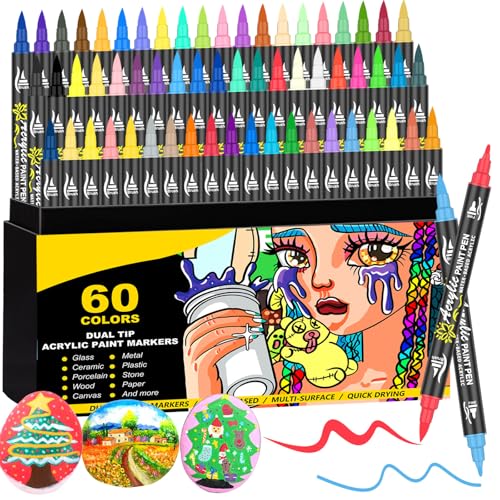 60 Colors Acrylic Paint Pens Dual Tip (Brush & Fine) Acrylic Paint Markers for Rock Painting Fabric Canvas Glass Paper Wood Ceramic Egg Leather and DIY Crafts