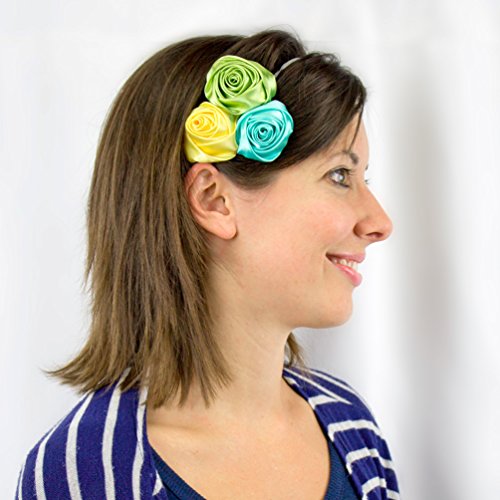 My Lello Satin Fabric Rose Flower Trio on Skinny Headband Infant-Toddler-Girls-Women - hot pink/yellow/lime3