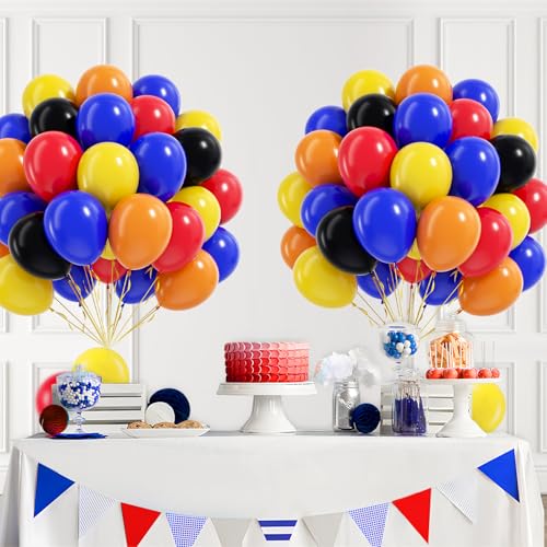 Image of 60pcs Race Car Balloons 12inch with Black Royal Blue Yellow Red Orange Latex Balloons for Race Car Two Fast Baby Shower Birthday Party Decorations