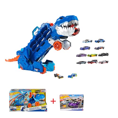 Hot Wheels - Pack 2 juguetes - City Camión T-Rex (HNG50) + Pack 10 coches (HMK47) . Tráiler dinosaurio pista para coches de juguete con luces y sonidos . Set 10 coches de carreras escala 1:64. +4 años