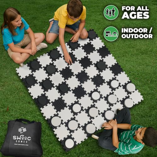 Image of Swooc Games - 2-in-1 Premium Giant Checkers & Tic Tac Toe Game (4ft x 4ft) - 100% High Density EVA Foam Mat & Pieces - Extra Large Checkers Set with Jumbo Checkerboard and Yard Size Tic Tac Toss