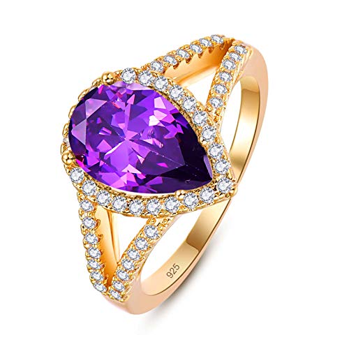 Emsione Gold Plated Created Amethyst Pear Cut Halo Split Shank Statement Eternity Anniversary Wedding Engagement Band Ring Size 9