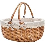 G GOOD GAIN Wicker Picnic Basket with Double Folding Handles,Willow Picnic Hamper,Natural Hand Woven Easter Basket,Easter Eggs and Candy Basket,Bath Toy and Kids Toy Storage,Gift Packing Basket.White