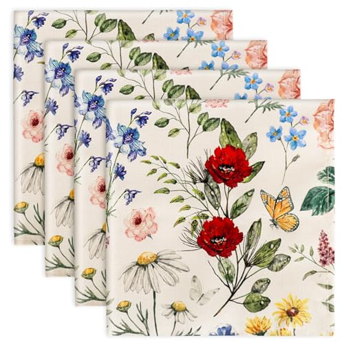 JarThenaAMCS Wildfloral Cloth Napkin Vintage Wildflower Dinner Napkin Reusable Kitchen Table Top Collection for Farmhouse Party Dining Table Decor, Set of 4, 18 x 18 Inch