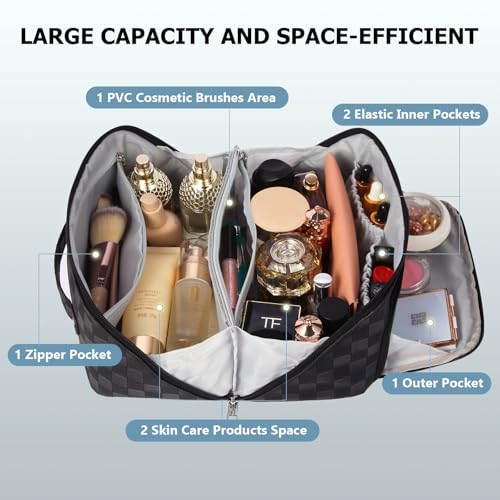 Travel Makeup Bag, Large Capacity Cosmetic Bags for Women, Waterproof Lining and PU Leather Portable Pouch, Open Flat Toiletry Bag, Make up Organizer with Divider & Handle (Black)4