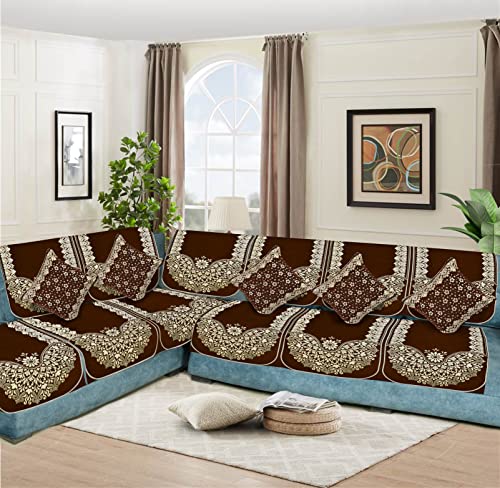 Image of L Shape Sofa Cover Set 7 Seater with 5 Cushion Covers - Premium Stretch Fabric, Soft, Anti-Slip, Washable Sectional Couch Cover (Coffee Brown)