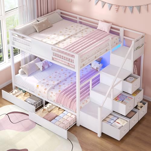 BTHFST Bunk Bed Full Over Full with Stairs LED Lights Full Bunk Beds with 2 Storage Drawers & 6 Fabric Drawers Metal Full Loft Beds with Safety Guardrail & Stairs Space Saving White