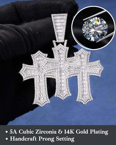 LuxeFlex Iced Out Baguette Diamond Cross Pendant, 14K Gold Plated Religious Three Stacked up Gothic Cross Necklace, Hip-Hop Jewelry for Men Women2