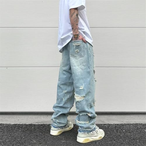Men Washed Blue Oversized Jeans Wide Leg Jeans Baggy Straight Ripped Denim Pants4