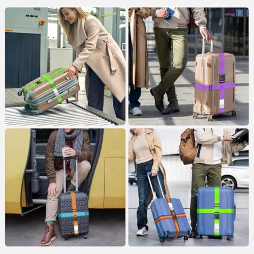 Image of BILIONE Luggage Straps Adjustable Suitcase Belt, Lockable Against Accidental Opening, Easy to Identify Travel Accessories, Add a Bag Connector Holds Suitcase (Lucky Purple, 4 Pack)