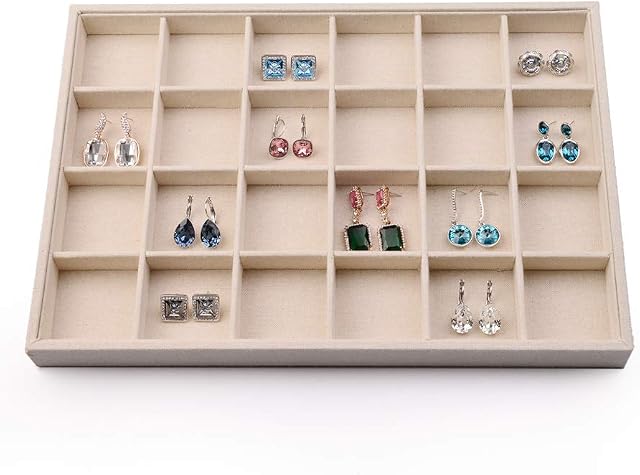 Oirlv Stackable Jewellery Organiser Storage Trays Linen Jewelry Tray Adjustable 24 Grid Jewelry Storage Case for Drawer or Showcase