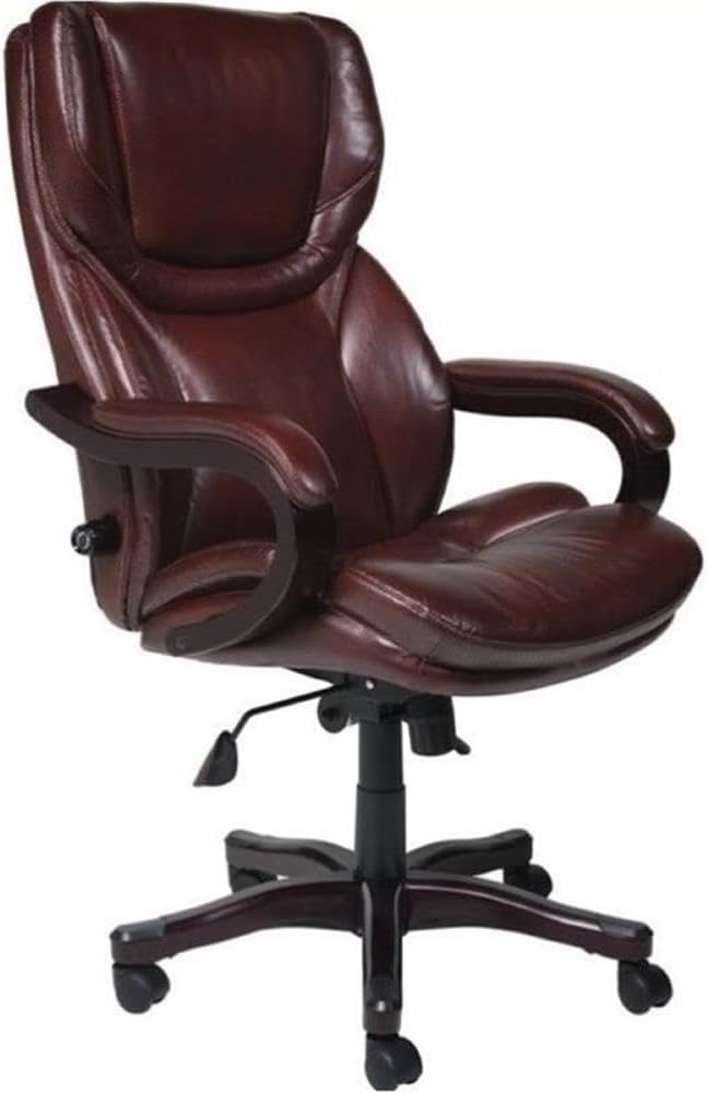 BOWERY HILL Bonded Leather Executive Office Chair, Brown Eco-Friendly Upholstery, Big & Tall Design with Adjustable Lumbar Support, Espresso Finish Bentwood Arms, Ergonomic Tilt, 350 lbs Capacity