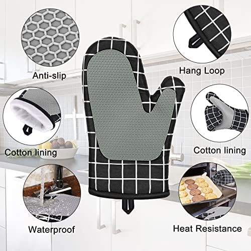 Anpole Oven Gloves Heat Resistant, Non Slip Silicon Oven Mitts with Cotton Lining and 2pc Pot Holder, Silicone Oven Gloves 250°C Heat Resistant Oven Mitt Cooking Gloves for Kitchen Baking Grilling