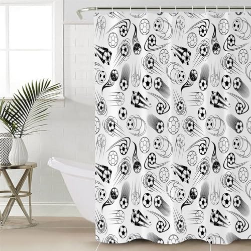Anzona Football Waterproof Shower Curtains Set - Standard 66 x 72 Inch, Soccer Sports Black and White Decor Polyester Fabric Bathroom Curtain with 12 Hooks, Bathroom Accessories, 1 Panel
