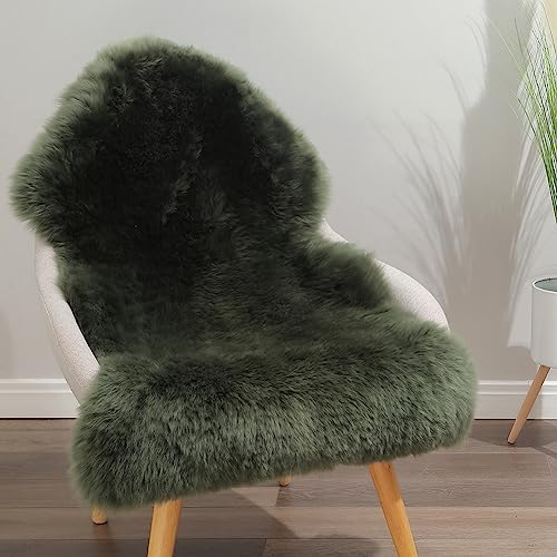 Premium Genuine Fur Sheepskin Rug Real Australia Sheepskin Natural Luxury Fluffy Lambskin Fur Area Rug Seat Covers for Kids Bedroom Sofa Chair Cover (Military Green, Single Pelt/2ft x 3ft)