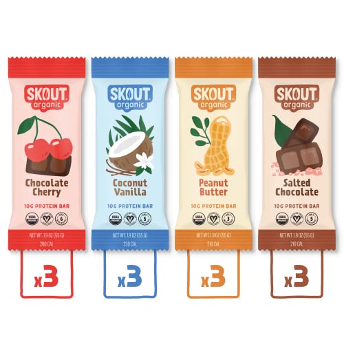 Skout Organic Plant-Based Protein Bars Variety Pack (12 Pack) – 10G Protein – Vegan Protein Bars – Only 7 Ingredients Or Less – Easy Snack – Gluten, Dairy, Grain & Soy Free #TOP21