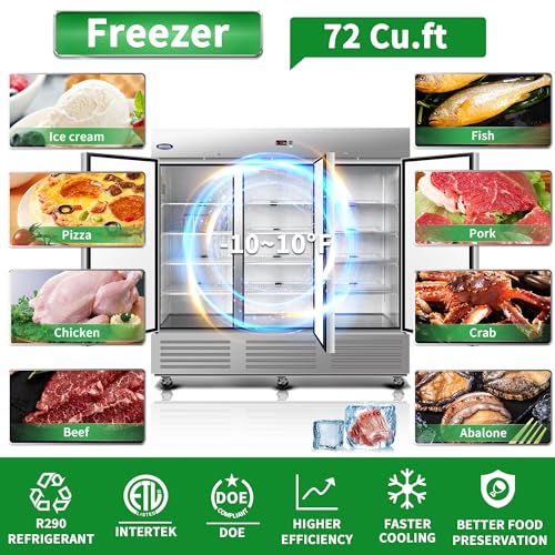 Image of 81 inchW Commercial Reach-in Upright Freezer - Low Noise & Energy Saving, Stainless Steel Freezer, 12 Adjustable Shelves, LED Lighting, 72 Cu.ft, Automatic defrost, Digital Temperature Control