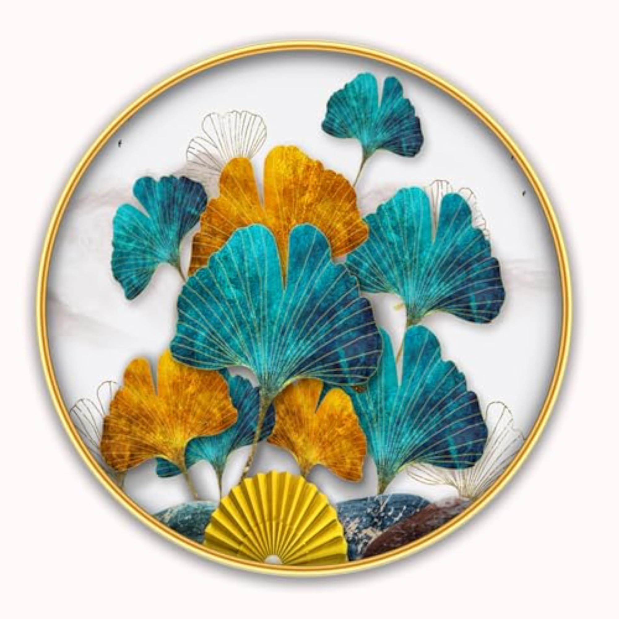 Leaf Modern Art Round Photo Frame with Gold Slim Frame