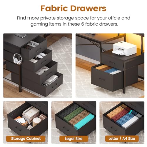108 Black L-Shaped Desk with 6 Drawers, File Drawer, Power Outlet, Monitor Shelf, LED Lights - Home Office/Gaming/Essential for Two People