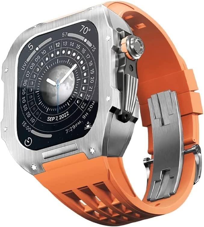 Kit boîtier et bracelet en acier inoxydable et fluororubber luxe pour Apple Watch 45mm