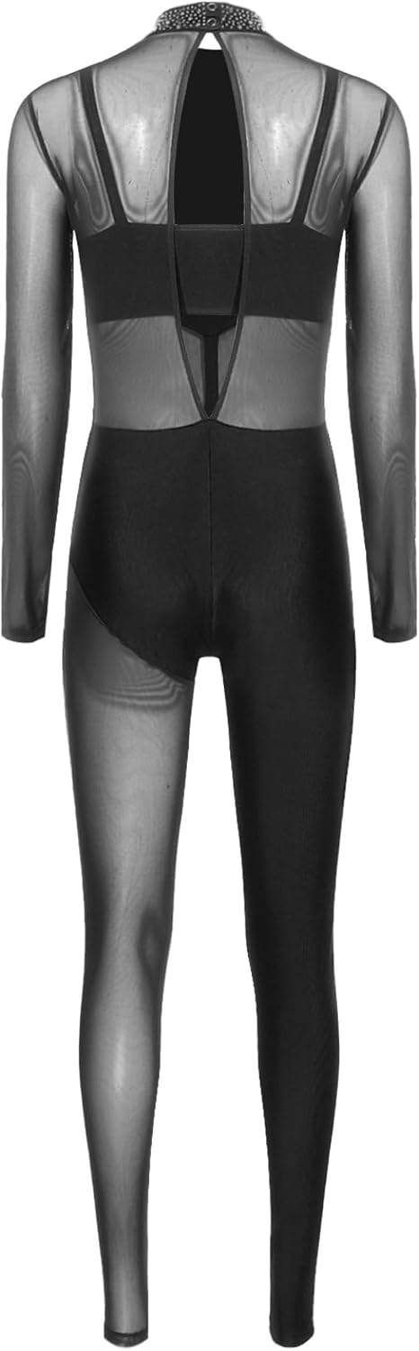 Women Sparkly Gymnastics Leotard Long Sleeve Cutout Back Ballet Dance Bodysuit Figure Skating Jumpsuit