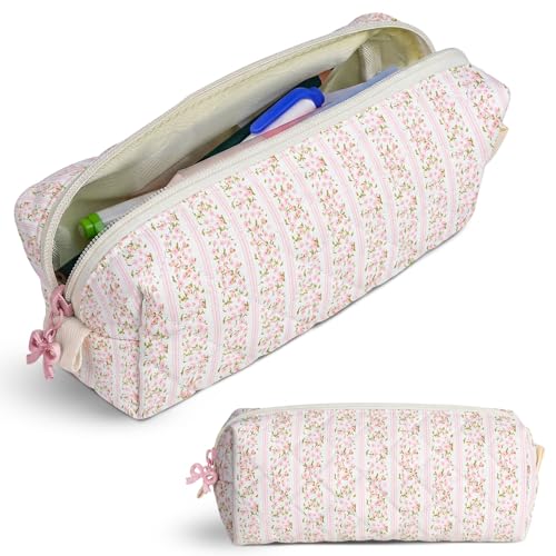 shiprabags Cute Quilted Pencil Case for Girls Women Aesthetic Small Floral Pencil Pouch Slim Soft Pencil Bag for School Supplies Makeup Pouch for School & Daily Use (Floral Stripes)