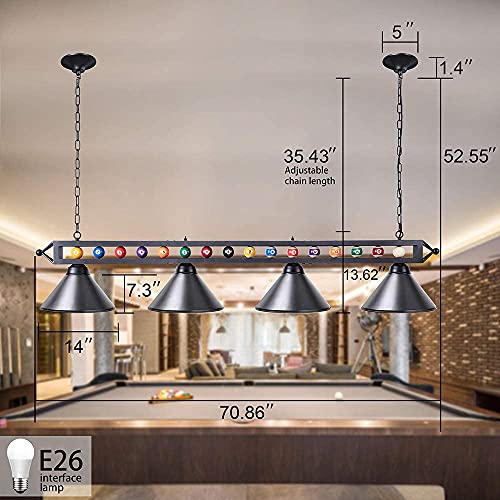 Wellmet 4 Lights Pool Table Light, 70inch Billiard Lighting Fixture with Lamp Shades for Pool Billiard Table, Industrial Hanging Pendant Light Chandelier for Game Room, Kitchen, Dining Room - Thumbnail 6