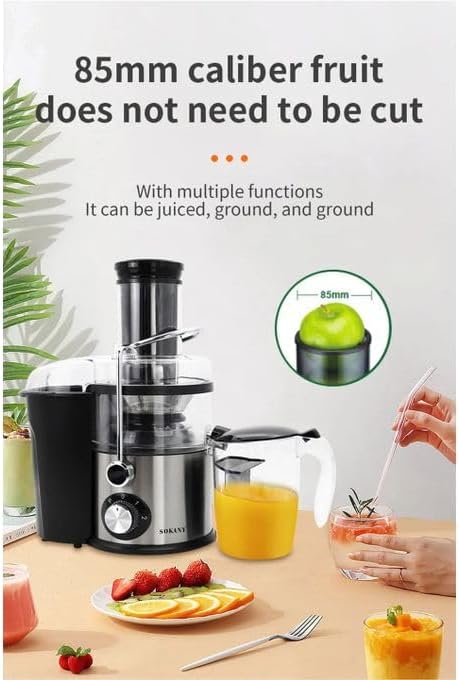 Sokany SK-190 juicer with an apple in the feeding trough, demonstrating the 85mm wide opening