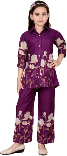 Girls Purple Floral Print Co-ord Set – Stylish Button-Down Collared Shirt with Matching Wide-Leg Palazzo Pants – Trendy Tw...