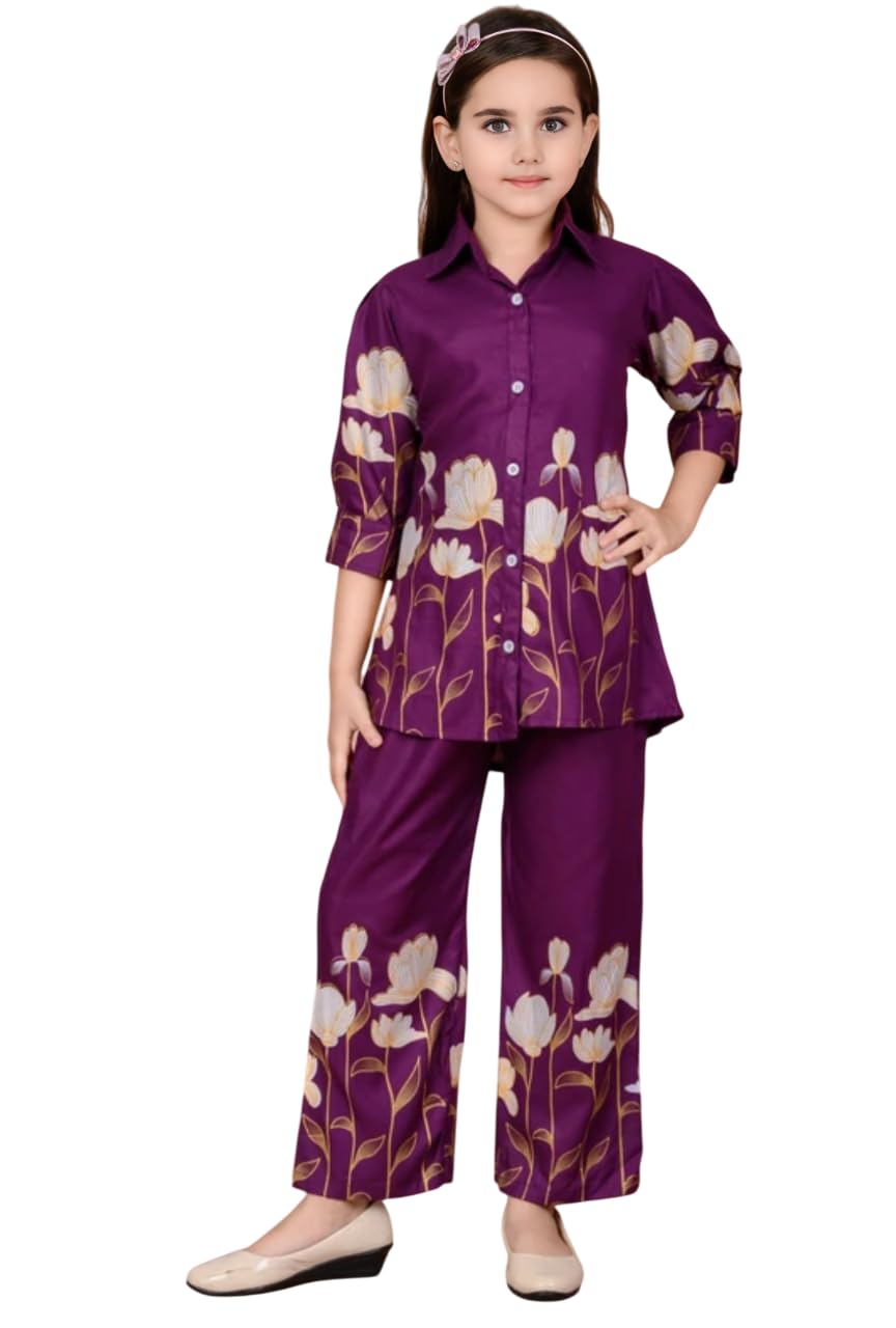 Girls Purple Floral Print Co-ord Set – Stylish Button-Down Collared Shirt with Matching Wide-Leg Palazzo Pants – Trendy Tw... - Review, Price and Buying Guide