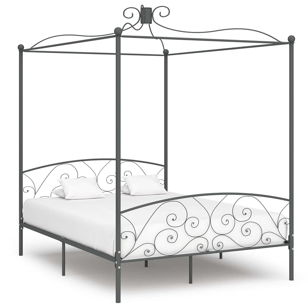 Szara metalowa rama łóżka z baldachimem 160 x 200 cm, górna rama na zasłony, solidna i trwała rama bez materaca, stylowy design do sypialni, w zestawie stelaż