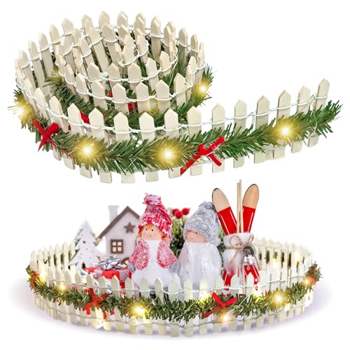 Fancysky Mini Natal em Miniatura 90 x 5 cm, Cerca de Madeira com Luzes LED para Vila Natalícia, Decoração para Casa de Bonecas de Jardim, Mini Jardim e Cerca de Artesanato Natalício DIY (Branco)