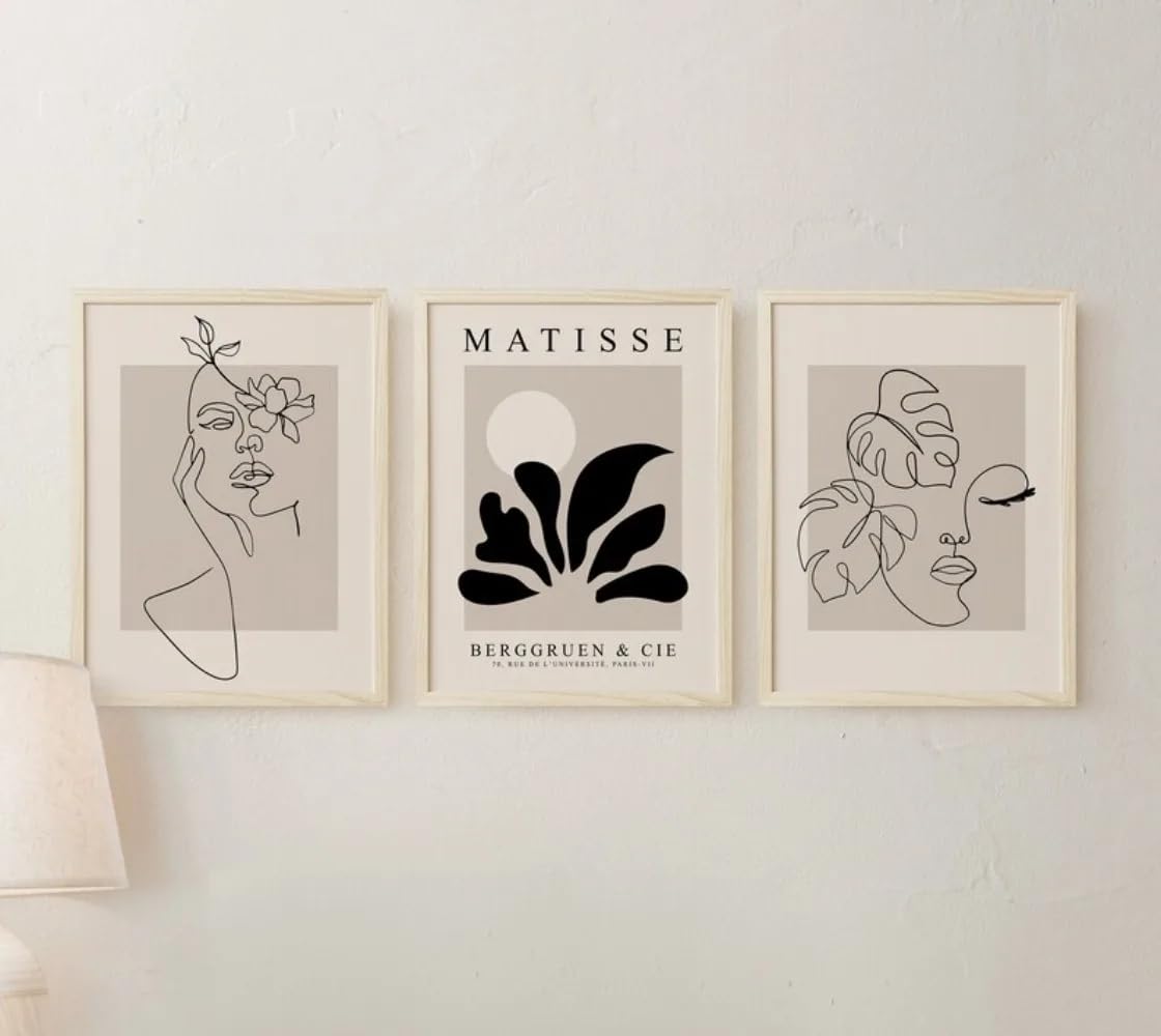 LTjiajuypd Abstract Female Figure Art Line Drawing Matisse Printable Posters,Bohemian Simple Face Canvas Painting(60x90cm-3Pcs)