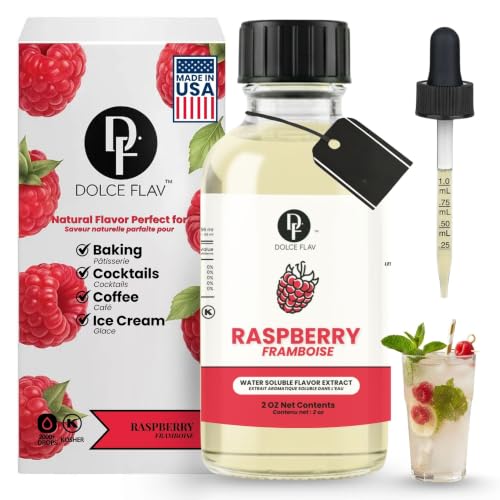 Image of Dolce Flav Natural Raspberry Extract 2 oz - Kosher, Sugar-Free, Concentrated Tart Raspberry Flavoring for Baking, Beverages & Desserts, Includes Measured Dropper