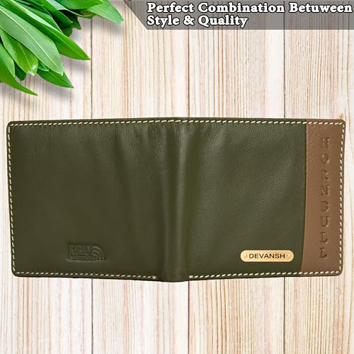 Image of HORNBULL Men's Personalized Wallet I Customized Slim Stylish Leather Purse with Name I Unique Birthday Gift for Men Boy Love Husband (Olive /Mud)