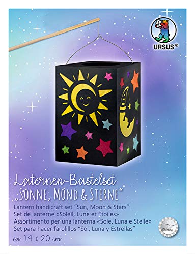 URSUS 2370099 - Juego de manualidades para farolillos (sol, luna y estrellas, tamaño del farol aprox. 14 x 20 cm, juego completo con luz en blanco, asa, papel transparente en 7 colores e instrucciones