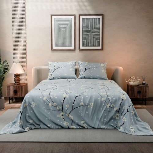 Image of BLISSHOME SoftTouch 140TC Cotton King Size Printed Bedsheet with 2 Pillow Covers for Double Bed, Silky Smooth Bedding Set, Breathable, Easy Maintain, Floral Print - Grey, White