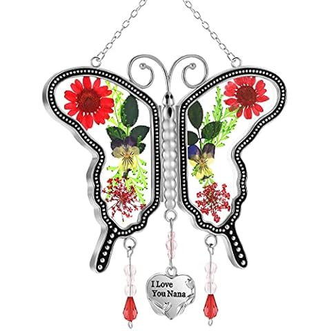 KY&BOSAM Stained Glass I Love You Nana Butterfly Sun-Catcher, Crystal Wind Chimes, Really Flower Colorful Butterfly Suncatchers, Garden Windows, Indoor Home Trees Patio Decor Gift, Mom Family Friends Cover