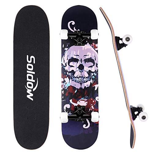 Skateboard Komplettboard 31x8 Zoll für Anfänger, Soldow 7-lagigem Kanadischem Ahornholz Cruiser Skateboard für Kinder Jugendliche Erwachsene, Halloween Schädel Double Kick Deck Concave Skateboard