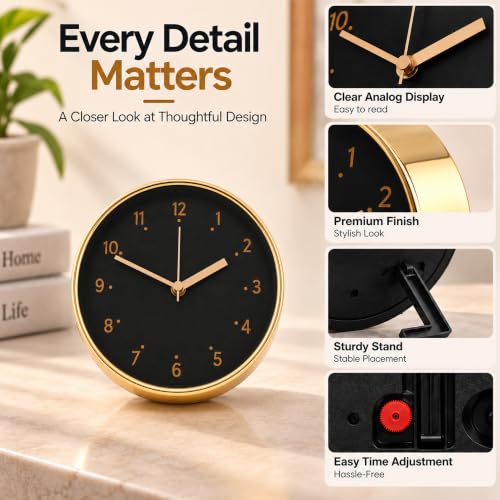 Image of Kuber Industries 6.25 Inch Analog Table Clock with Glass Cover | Silent Non Ticking Battery Operated Desktop for Bedroom, Office, Study Desk | Golden Black