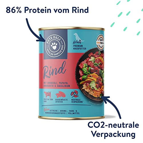Pets Deli Nassfutter für Hunde mit Rind, Brokkoli, Papaya, Amaranth & Basilikum ohne Zucker und Gluten 6 x 400g