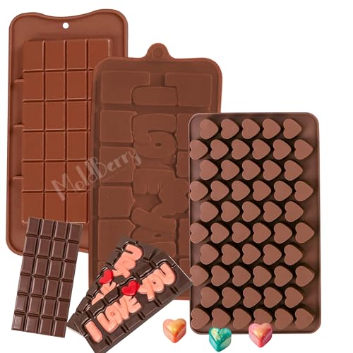 Image of MoldBerry Silicone Chocolate Mould Combo of 3 | Valentine I Love You Bar Tray + Kunafa Bar Mould + 55 Cavity Mini Heart Mold | Flexible Non-Stick Baking & Candy Making Tray