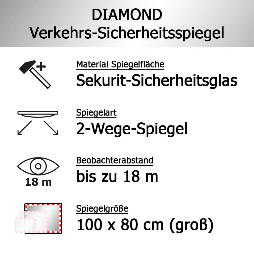 DIAMOND Verkehrsspiegel, SEKURIT-Sicherheitsglas, rot/weiß, 100 x 80 cm aus Stahl, Kunststoff, Glas, Art.-Nr. 41047 | Sicherheitsspiegel | Straßenspiegel