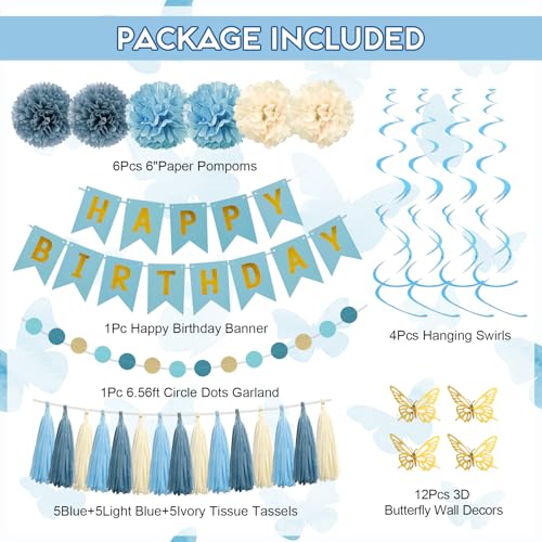 Blue Birthday Party Decorations, Dusty Blue Sand Confetti Gold Balloons Happy Birthday Banner Fringe Curtains Butterfly Hanging Swirls Circle Dots Tassels Pom Boys Men Girls Women 15th 16th 21st - Image 4