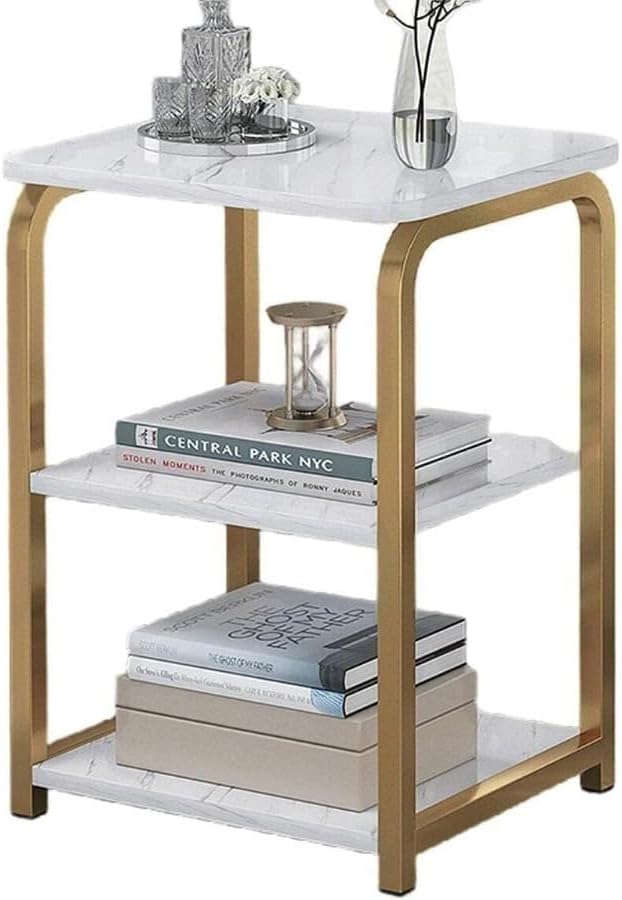 Emuia 北欧風大理石柄デザイン省スペース木製サイドテーブル ベッドサイド/ソファ用多機能収納台 耐荷重25kg MDF材二段/三
