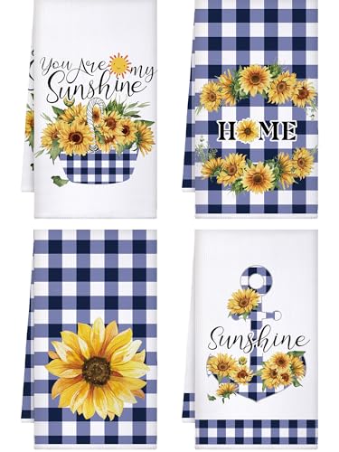 Bencailor 4 Pcs Sunflower Kitchen Towels Buffalo Plaid Hand Towels Decorative Set Sunflower Dish Towels Sunflower Decor Tea Towels for Home Bathroom Holiday Cooking Light Black