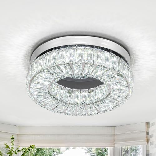 11.8” Crystal Ceiling Light Fixture, Modern Round Chandeliers 6500K Cool White Flush Mount Ceiling Light, LED Small Chandelier for Hallway Bedroom Foyer Kitchen Bathroom